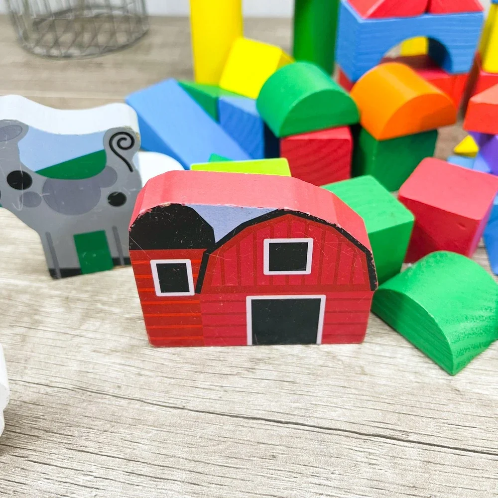 Wooden Building Blocks Farm Set Barn Animals Horse Sheep Goat 80+ Pieces Kids